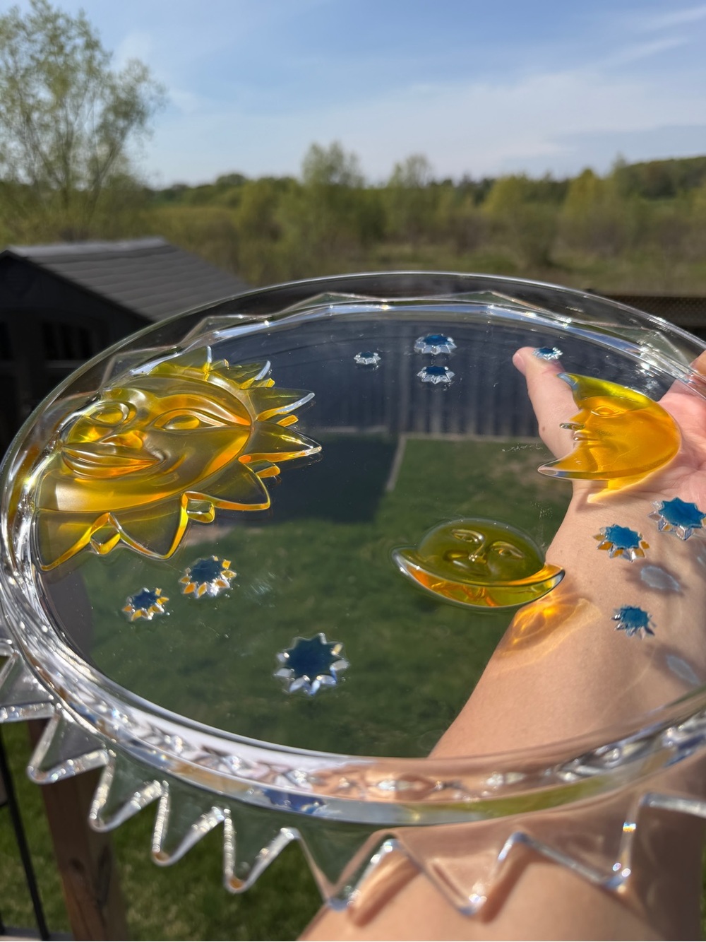 Vintage Celestial Sun Moon Glass Tray 12” Amber Blue Stars Decorative Plate - Picture 16 of 16